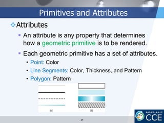 Primitives and Attributes
Attributes
 An attribute is any property that determines
how a geometric primitive is to be rendered.
 Each geometric primitive has a set of attributes.
• Point: Color
• Line Segments: Color, Thickness, and Pattern
• Polygon: Pattern
24
 