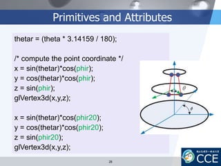 Primitives and Attributes
thetar = (theta * 3.14159 / 180);
/* compute the point coordinate */
x = sin(thetar)*cos(phir);
y = cos(thetar)*cos(phir);
z = sin(phir);
glVertex3d(x,y,z);
x = sin(thetar)*cos(phir20);
y = cos(thetar)*cos(phir20);
z = sin(phir20);
glVertex3d(x,y,z);
28
 