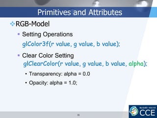 Primitives and Attributes
RGB-Model
 Setting Operations
 Clear Color Setting
• Transparency: alpha = 0.0
• Opacity: alpha = 1.0;
glColor3f(r value, g value, b value);
glClearColor(r value, g value, b value, alpha);
31
 