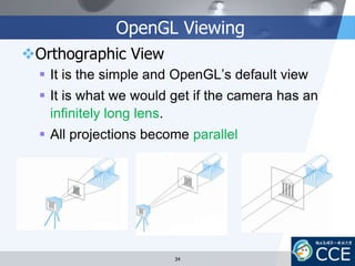 OpenGL Viewing
Orthographic View
 It is the simple and OpenGL’s default view
 It is what we would get if the camera has an
infinitely long lens.
 All projections become parallel
34
 