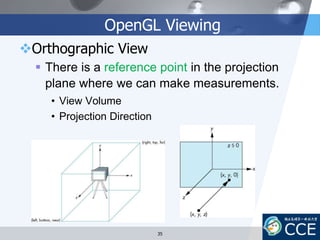 OpenGL Viewing
Orthographic View
 There is a reference point in the projection
plane where we can make measurements.
• View Volume
• Projection Direction
35
 