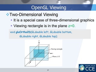OpenGL Viewing
Two-Dimensional Viewing
 It is a special case of three-dimensional graphics
 Viewing rectangle is in the plane z=0.
void gluOrtho2D(GLdouble left, GLdouble bottom,
GLdouble right, GLdouble top);
37
 