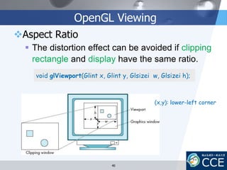 OpenGL Viewing
Aspect Ratio
 The distortion effect can be avoided if clipping
rectangle and display have the same ratio.
void glViewport(Glint x, Glint y, Glsizei w, Glsizei h);
40
(x,y): lower-left corner
 
