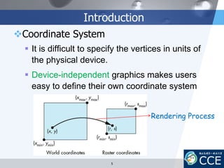 Introduction
Coordinate System
 It is difficult to specify the vertices in units of
the physical device.
 Device-independent graphics makes users
easy to define their own coordinate system
• World Coordinate System
• Application Coordinate System.
Rendering Process
5
 