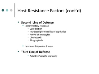 Host Resistance Factors (cont’d)
• Second Line of Defense
● Inflammatory response
• Vasodilation
• Increased permeability of capillaries
• Arrival of leukocytes
• Chemotaxis
• Phagocytosis
● Immune Responses: innate
• Third Line of Defense
• Adaptive/specific immunity
 