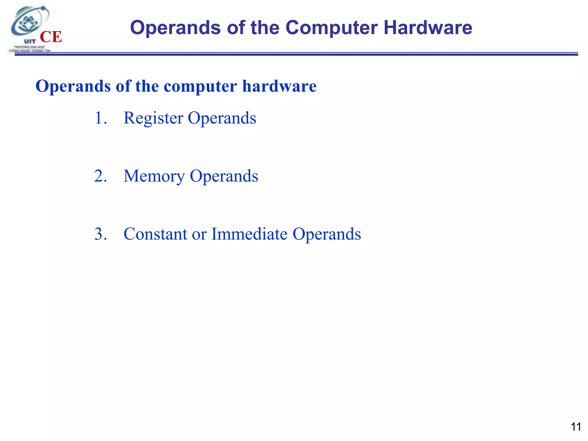 CE

Operands of the Computer Hardware

Operands of the computer hardware
1. Register Operands
2. Memory Operands
3. Constant or Immediate Operands

11

 