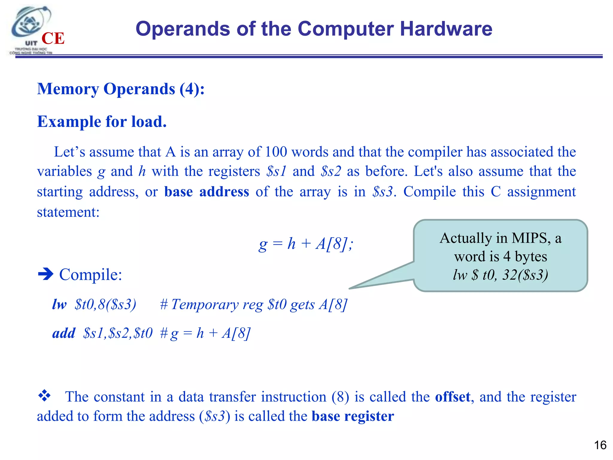 CE

Operands of the Computer Hardware

Memory Operands (4):
Example for load.
Let‟s assume that A is an array of 100 words and that the compiler has associated the
variables g and h with the registers $s1 and $s2 as before. Let's also assume that the
starting address, or base address of the array is in $s3. Compile this C assignment
statement:

g = h + A[8];
 Compile:
lw $t0,8($s3)

Actually in MIPS, a
word is 4 bytes
lw $ t0, 32($s3)

# Temporary reg $t0 gets A[8]

add $s1,$s2,$t0 # g = h + A[8]

 The constant in a data transfer instruction (8) is called the offset, and the register
added to form the address ($s3) is called the base register
16

 