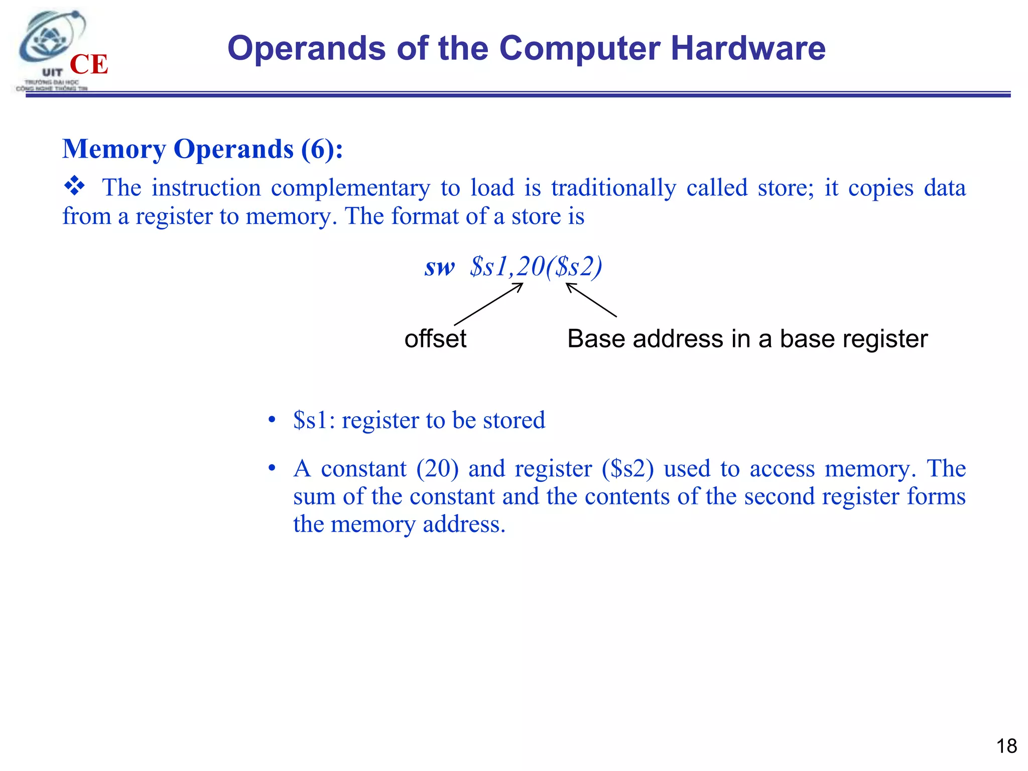 CE

Operands of the Computer Hardware

Memory Operands (6):
 The instruction complementary to load is traditionally called store; it copies data
from a register to memory. The format of a store is

sw $s1,20($s2)
offset

Base address in a base register

• $s1: register to be stored
• A constant (20) and register ($s2) used to access memory. The
sum of the constant and the contents of the second register forms
the memory address.

18

 