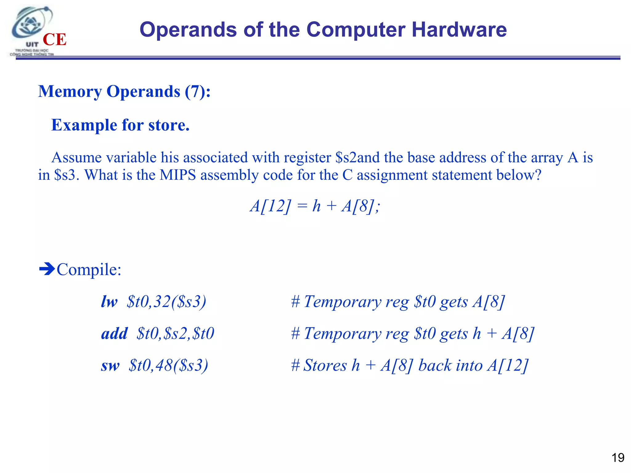 Operands of the Computer Hardware

CE

Memory Operands (7):
Example for store.
Assume variable his associated with register $s2and the base address of the array A is
in $s3. What is the MIPS assembly code for the C assignment statement below?

A[12] = h + A[8];

Compile:
lw $t0,32($s3)

# Temporary reg $t0 gets A[8]

add $t0,$s2,$t0

# Temporary reg $t0 gets h + A[8]

sw $t0,48($s3)

# Stores h + A[8] back into A[12]

19

 