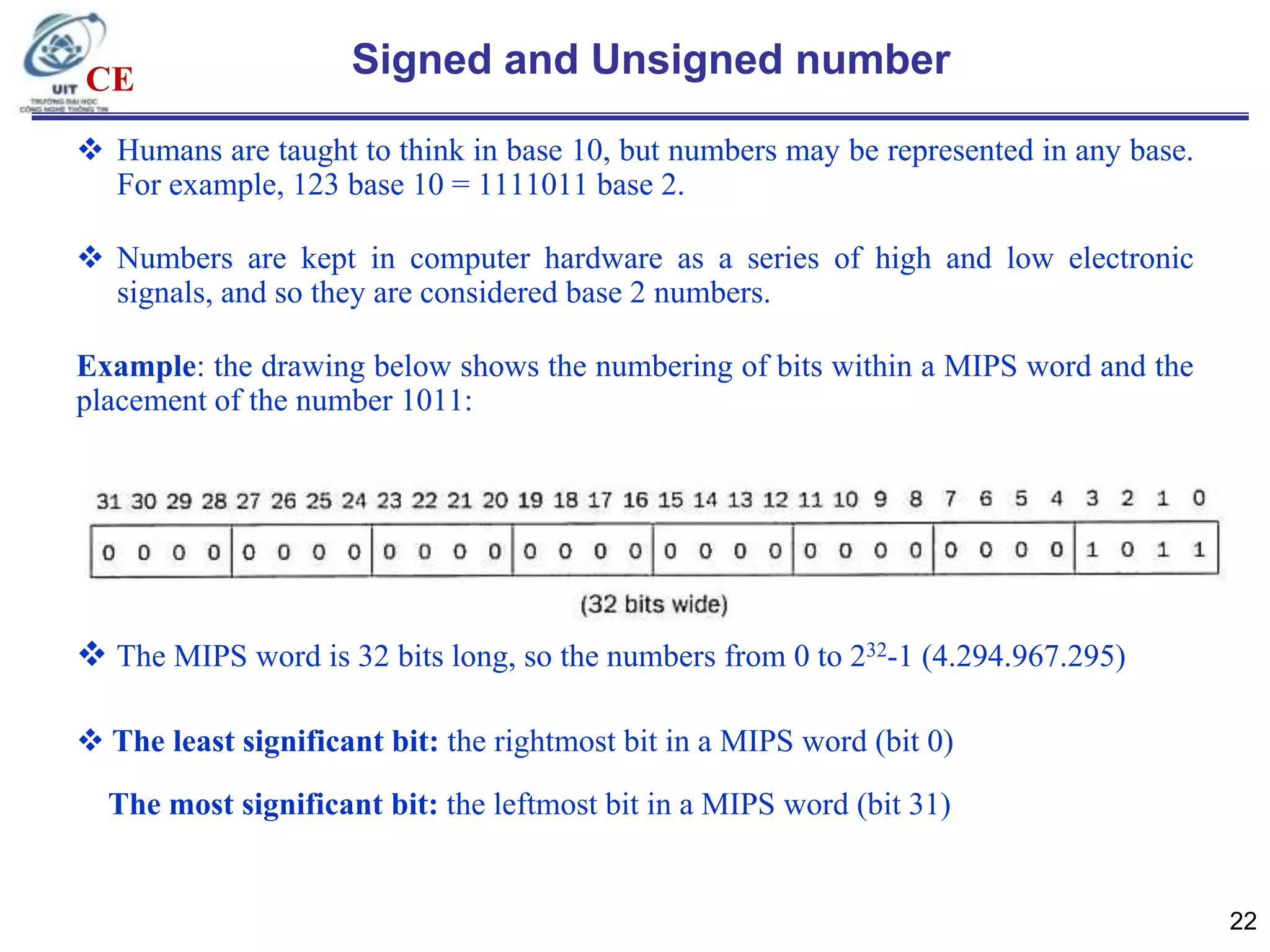 CE

Signed and Unsigned number

 Humans are taught to think in base 10, but numbers may be represented in any base.
For example, 123 base 10 = 1111011 base 2.
 Numbers are kept in computer hardware as a series of high and low electronic
signals, and so they are considered base 2 numbers.
Example: the drawing below shows the numbering of bits within a MIPS word and the
placement of the number 1011:

 The MIPS word is 32 bits long, so the numbers from 0 to 232-1 (4.294.967.295)
 The least significant bit: the rightmost bit in a MIPS word (bit 0)
The most significant bit: the leftmost bit in a MIPS word (bit 31)

22

 