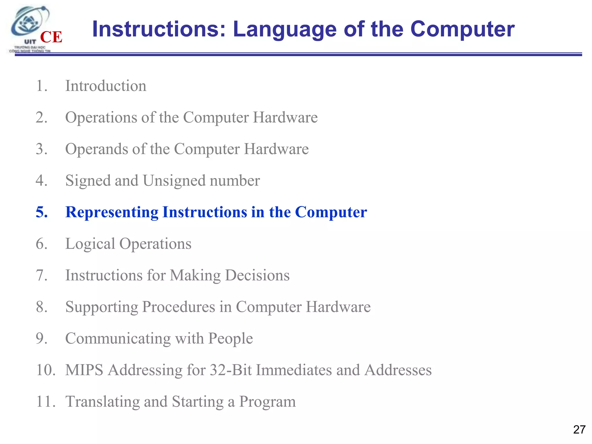 CE

Instructions: Language of the Computer

1.

Introduction

2.

Operations of the Computer Hardware

3.

Operands of the Computer Hardware

4.

Signed and Unsigned number

5.

Representing Instructions in the Computer

6.

Logical Operations

7.

Instructions for Making Decisions

8.

Supporting Procedures in Computer Hardware

9.

Communicating with People

10. MIPS Addressing for 32-Bit Immediates and Addresses
11. Translating and Starting a Program
27

 