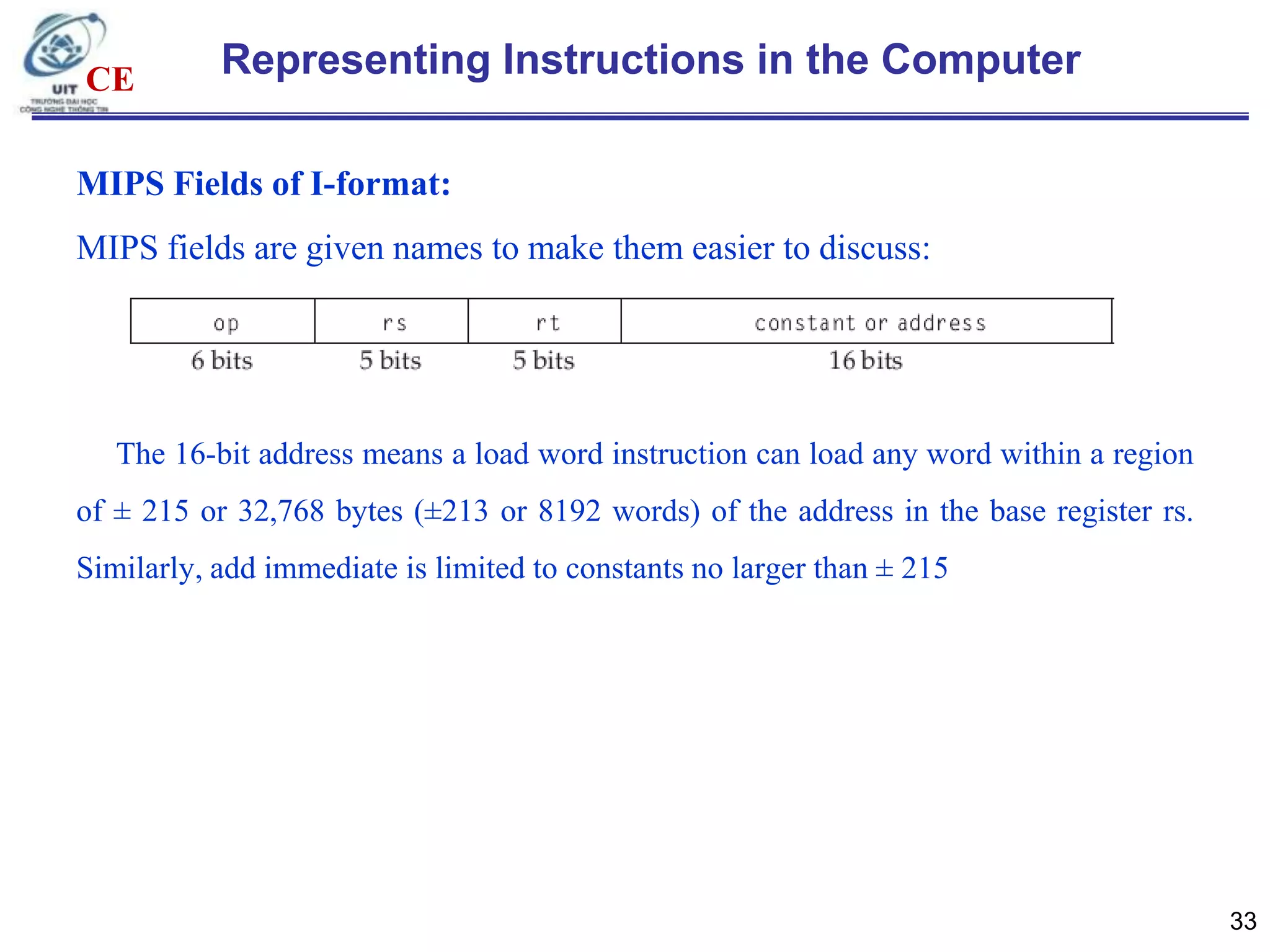 CE

Representing Instructions in the Computer

MIPS Fields of I-format:
MIPS fields are given names to make them easier to discuss:

The 16-bit address means a load word instruction can load any word within a region
of ± 215 or 32,768 bytes (±213 or 8192 words) of the address in the base register rs.
Similarly, add immediate is limited to constants no larger than ± 215

33

 