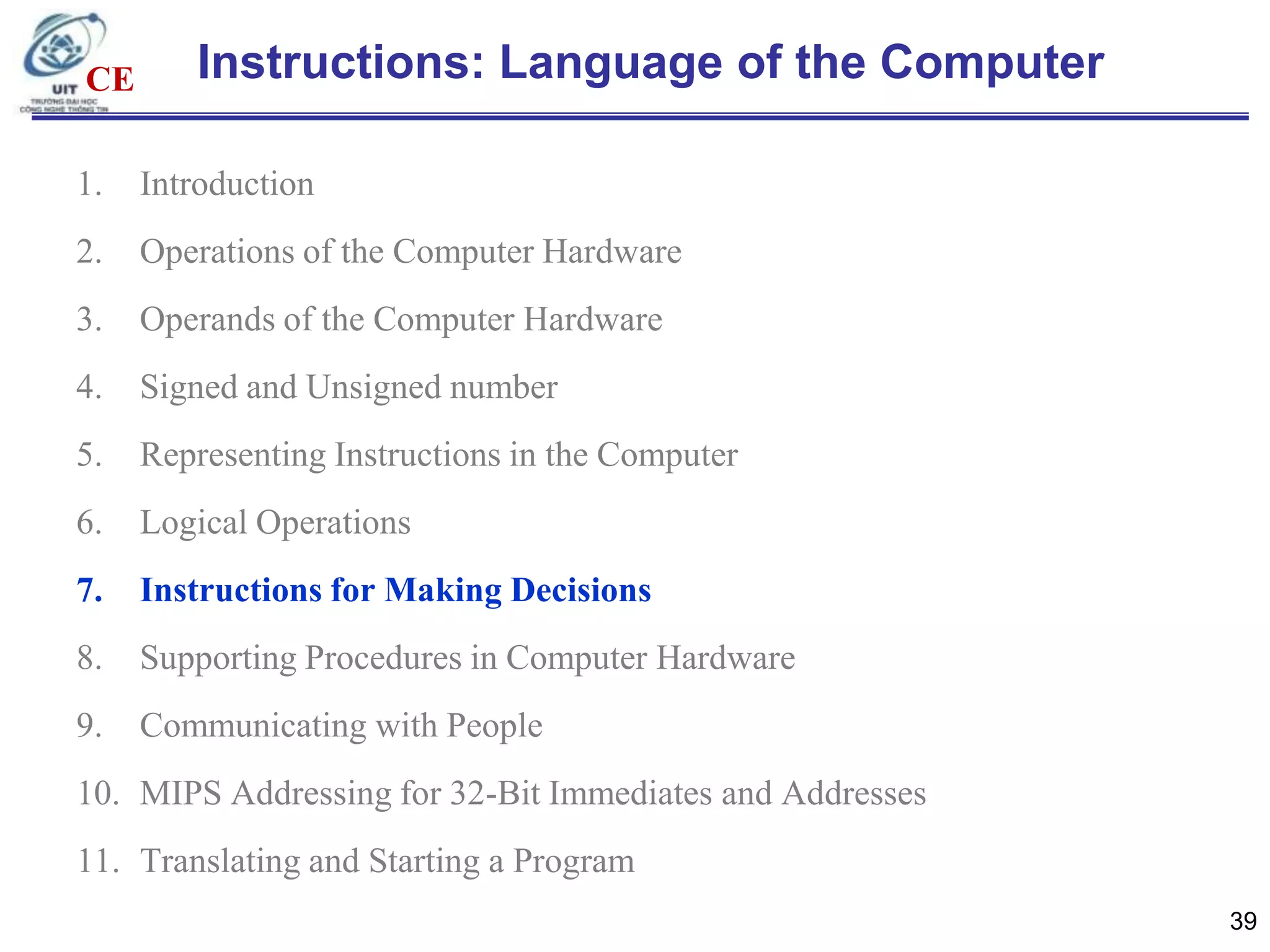 CE

Instructions: Language of the Computer

1.

Introduction

2.

Operations of the Computer Hardware

3.

Operands of the Computer Hardware

4.

Signed and Unsigned number

5.

Representing Instructions in the Computer

6.

Logical Operations

7.

Instructions for Making Decisions

8.

Supporting Procedures in Computer Hardware

9.

Communicating with People

10. MIPS Addressing for 32-Bit Immediates and Addresses
11. Translating and Starting a Program
39

 