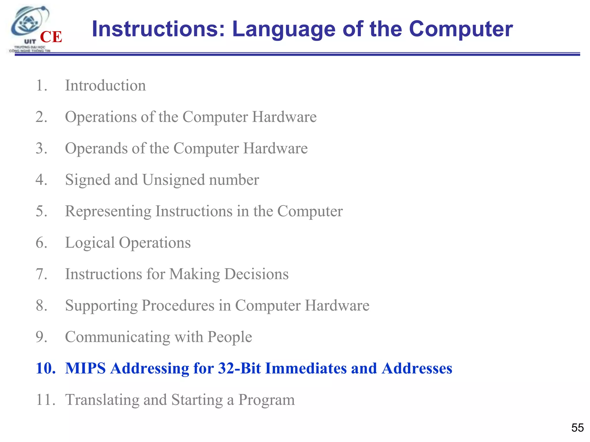 CE

Instructions: Language of the Computer

1.

Introduction

2.

Operations of the Computer Hardware

3.

Operands of the Computer Hardware

4.

Signed and Unsigned number

5.

Representing Instructions in the Computer

6.

Logical Operations

7.

Instructions for Making Decisions

8.

Supporting Procedures in Computer Hardware

9.

Communicating with People

10. MIPS Addressing for 32-Bit Immediates and Addresses
11. Translating and Starting a Program
55

 