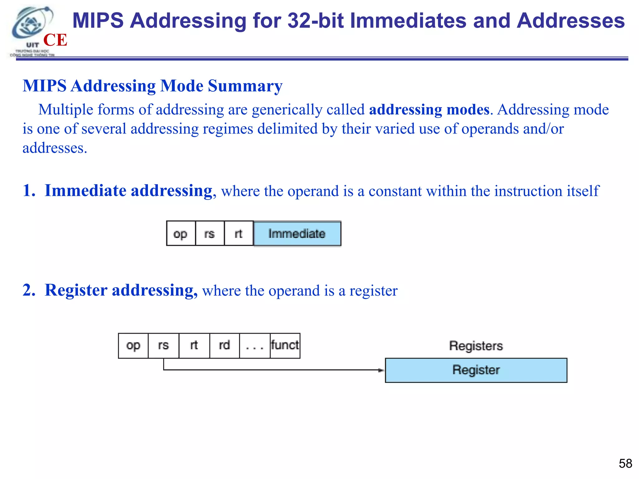 MIPS Addressing for 32-bit Immediates and Addresses
CE
MIPS Addressing Mode Summary
Multiple forms of addressing are generically called addressing modes. Addressing mode
is one of several addressing regimes delimited by their varied use of operands and/or
addresses.

1. Immediate addressing, where the operand is a constant within the instruction itself

2. Register addressing, where the operand is a register

58

 