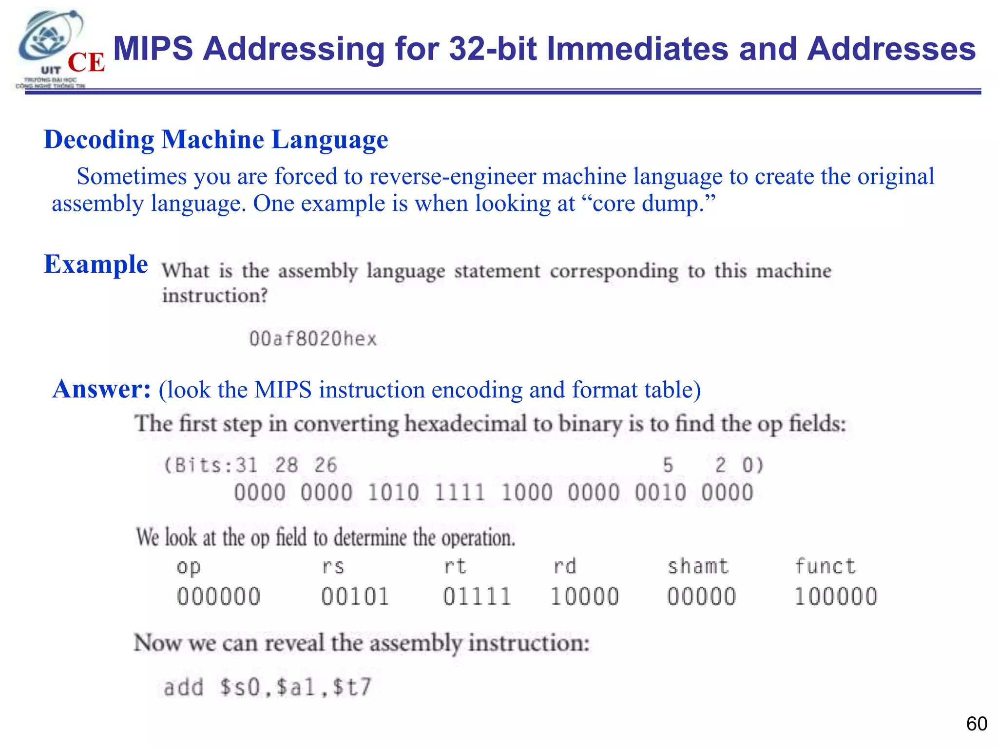 CE MIPS Addressing for 32-bit Immediates and Addresses
Decoding Machine Language
Sometimes you are forced to reverse-engineer machine language to create the original
assembly language. One example is when looking at “core dump.”

Example

Answer: (look the MIPS instruction encoding and format table)

60

 