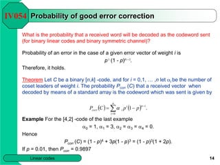 14
Linear codes
Probability of good error correction
What is the probability that a received word will be decoded as the c...