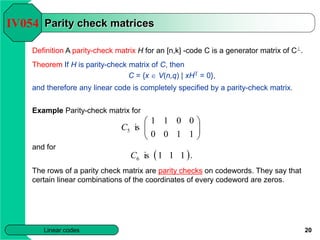 20
Linear codes
Parity check matrices
Definition A parity-check matrix H for an [n,k] -code C is a generator matrix of C^....