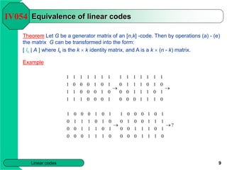 9
Linear codes
Equivalence of linear codes
Theorem Let G be a generator matrix of an [n,k] -code. Then by operations (a) -...