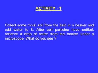 ACTIVITY - 1
Collect some moist soil from the field in a beaker and
add water to it. After soil particles have settled,
observe a drop of water from the beaker under a
microscope. What do you see ?
 