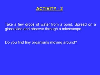 ACTIVITY - 2
Take a few drops of water from a pond. Spread on a
glass slide and observe through a microscope.
Do you find tiny organisms moving around?
 