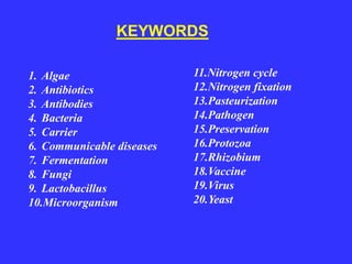 1. Algae
2. Antibiotics
3. Antibodies
4. Bacteria
5. Carrier
6. Communicable diseases
7. Fermentation
8. Fungi
9. Lactobacillus
10.Microorganism
KEYWORDS
11.Nitrogen cycle
12.Nitrogen fixation
13.Pasteurization
14.Pathogen
15.Preservation
16.Protozoa
17.Rhizobium
18.Vaccine
19.Virus
20.Yeast
 