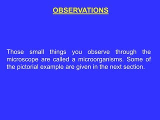 OBSERVATIONS
Those small things you observe through the
microscope are called a microorganisms. Some of
the pictorial example are given in the next section.
 
