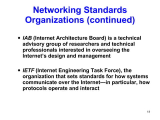 Networking Standards Organizations (continued) IAB  (Internet Architecture Board) is a technical advisory group of researchers and technical professionals interested in overseeing the Internet’s design and management IETF  (Internet Engineering Task Force), the organization that sets standards for how systems communicate over the Internet—in particular, how protocols operate and interact 