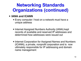 Networking Standards Organizations (continued) IANA and ICANN Every computer / host on a network must have a unique address Internet Assigned Numbers Authority (IANA) kept records of available and reserved IP addresses and determined how addresses were issued out Internet Corporation for Assigned Names and Numbers (ICANN), a private, nonprofit corporation and is  now ultimately responsible for IP addressing and domain name management 
