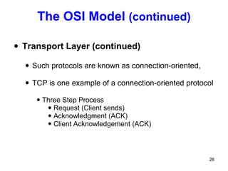 The OSI Model  (continued) Transport Layer (continued) Such protocols are known as connection-oriented,  TCP is one example of a connection-oriented protocol Three Step Process Request (Client sends) Acknowledgment (ACK) Client Acknowledgement (ACK) 