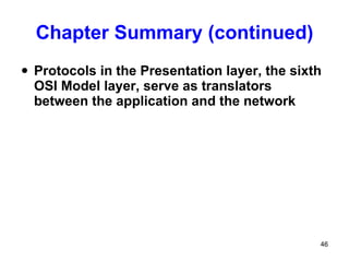 Chapter Summary (continued) Protocols in the Presentation layer, the sixth OSI Model layer, serve as translators between the application and the network 