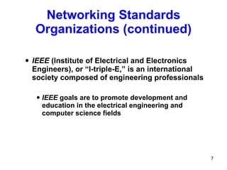 IEEE  (Institute of Electrical and Electronics Engineers), or “I-triple-E,” is an international society composed of engineering professionals IEEE  goals are to promote development and education in the electrical engineering and computer science fields Networking Standards Organizations (continued) 