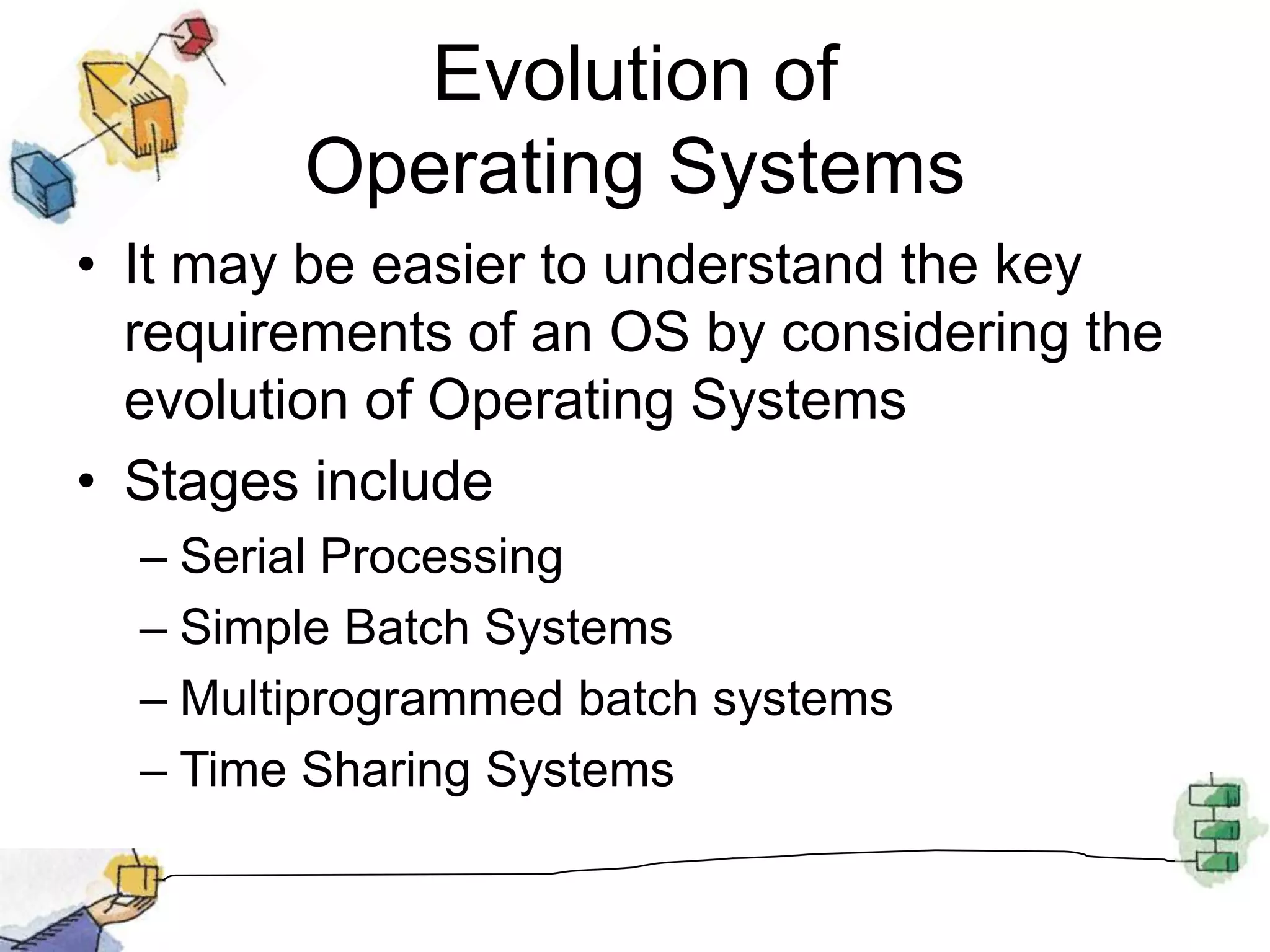 Evolution of Operating SystemsIt may be easier to understand the key requirements of an OS by considering the evolution of Operating SystemsStages includeSerial ProcessingSimple Batch SystemsMultiprogrammed batch systemsTime Sharing Systems