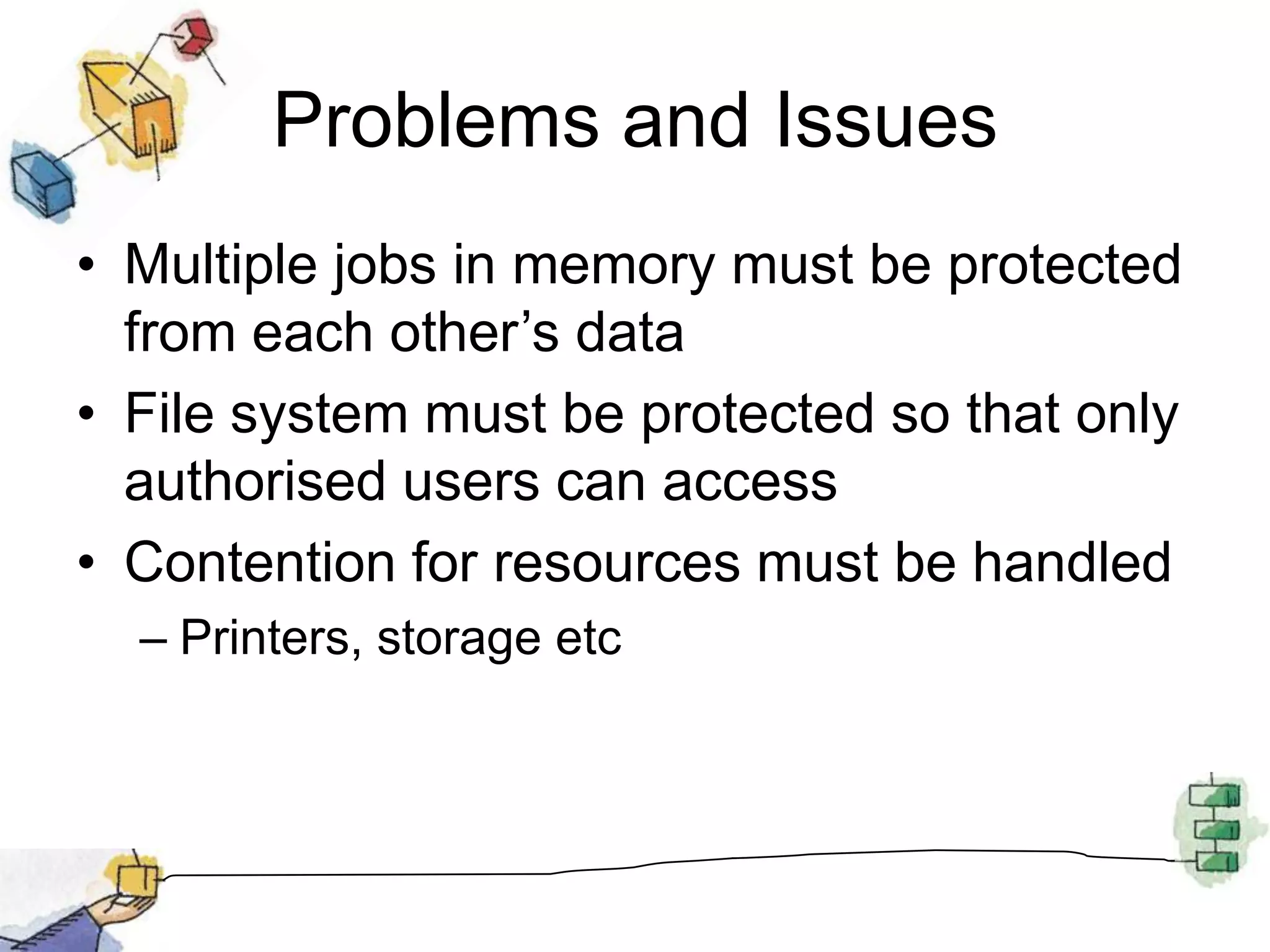 Problems and IssuesMultiple jobs in memory must be protected from each other’s dataFile system must be protected so that only authorised users can accessContention for resources must be handledPrinters, storage etc