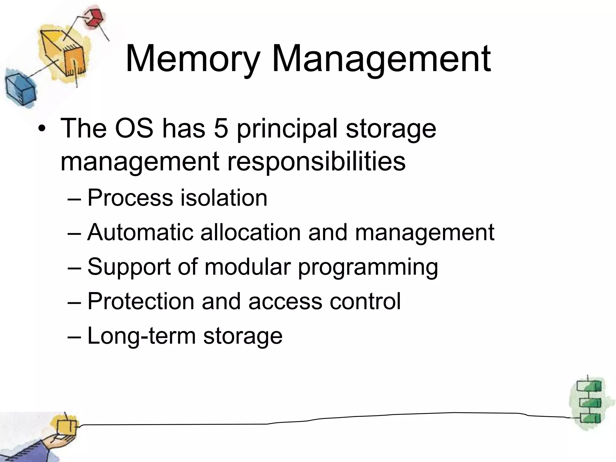 Memory ManagementThe OS has 5 principal storage management responsibilitiesProcess isolationAutomatic allocation and managementSupport of modular programmingProtection and access controlLong-term storage