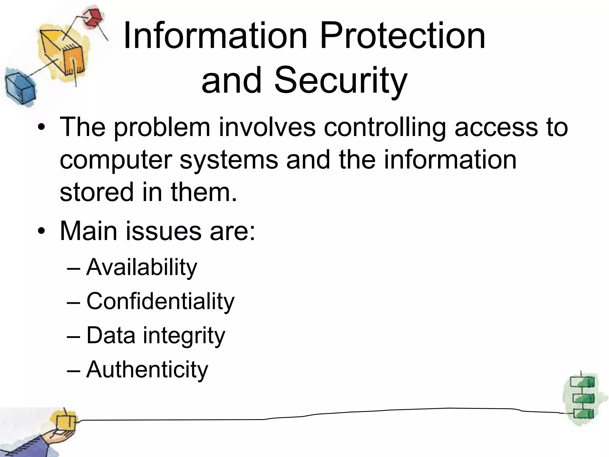 Information Protection and SecurityThe problem involves controlling access to computer systems and the information stored in them.Main issues are:AvailabilityConfidentialityData integrityAuthenticity