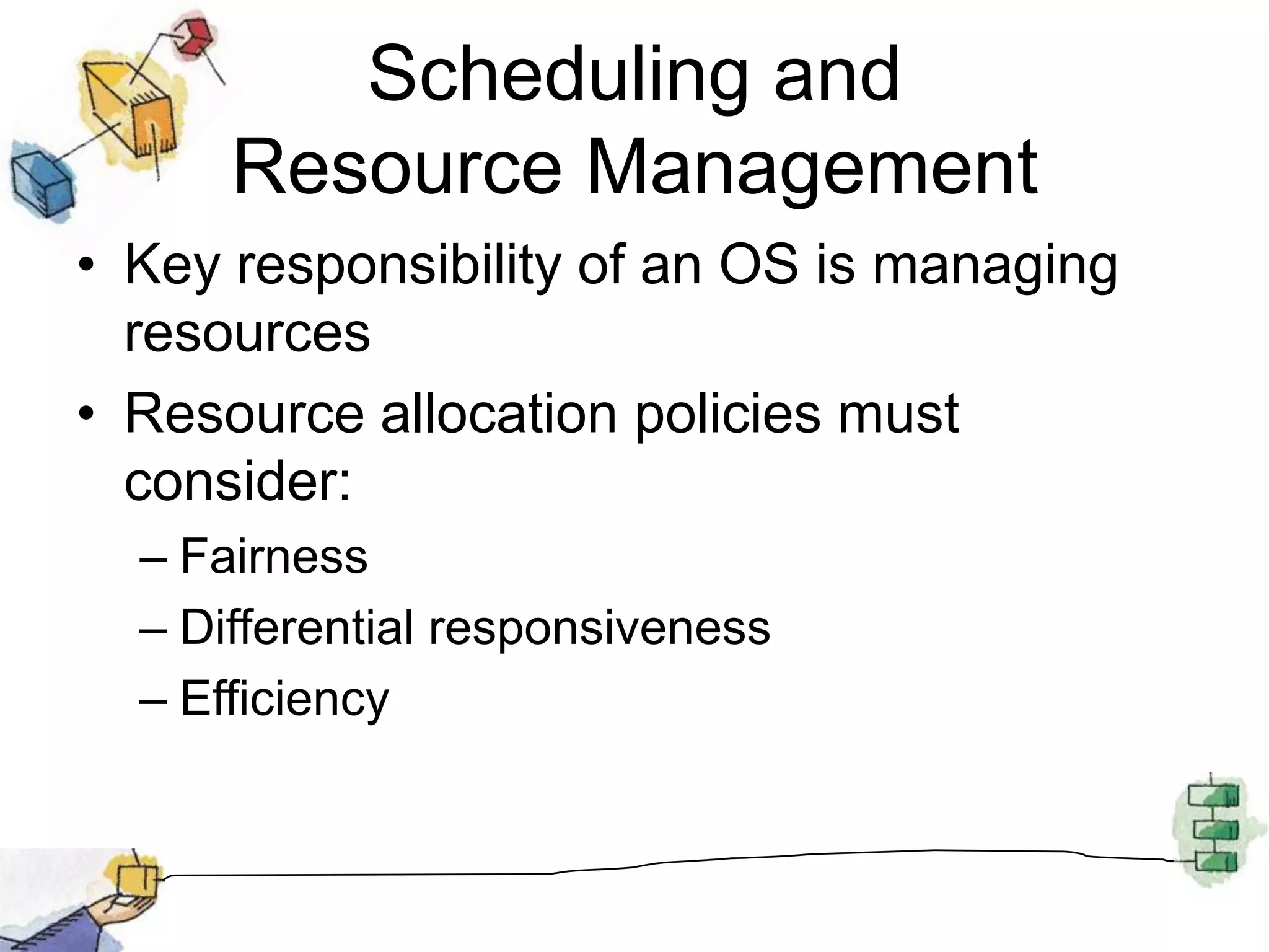 Scheduling andResource ManagementKey responsibility of an OS is managing resourcesResource allocation policies must consider:FairnessDifferential responsivenessEfficiency