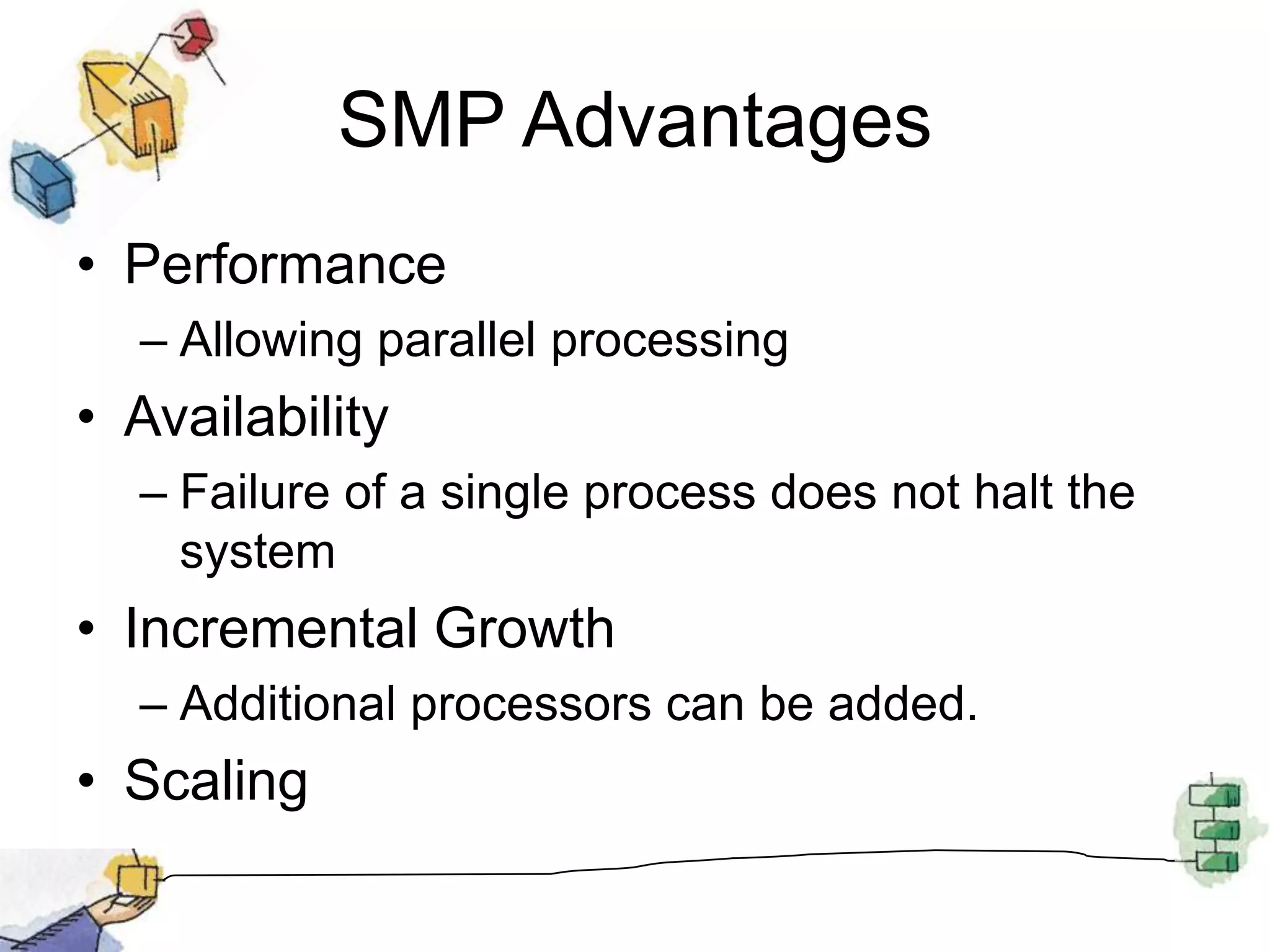 SMP AdvantagesPerformanceAllowing parallel processingAvailabilityFailure of a single process does not halt the systemIncremental GrowthAdditional processors can be added.Scaling