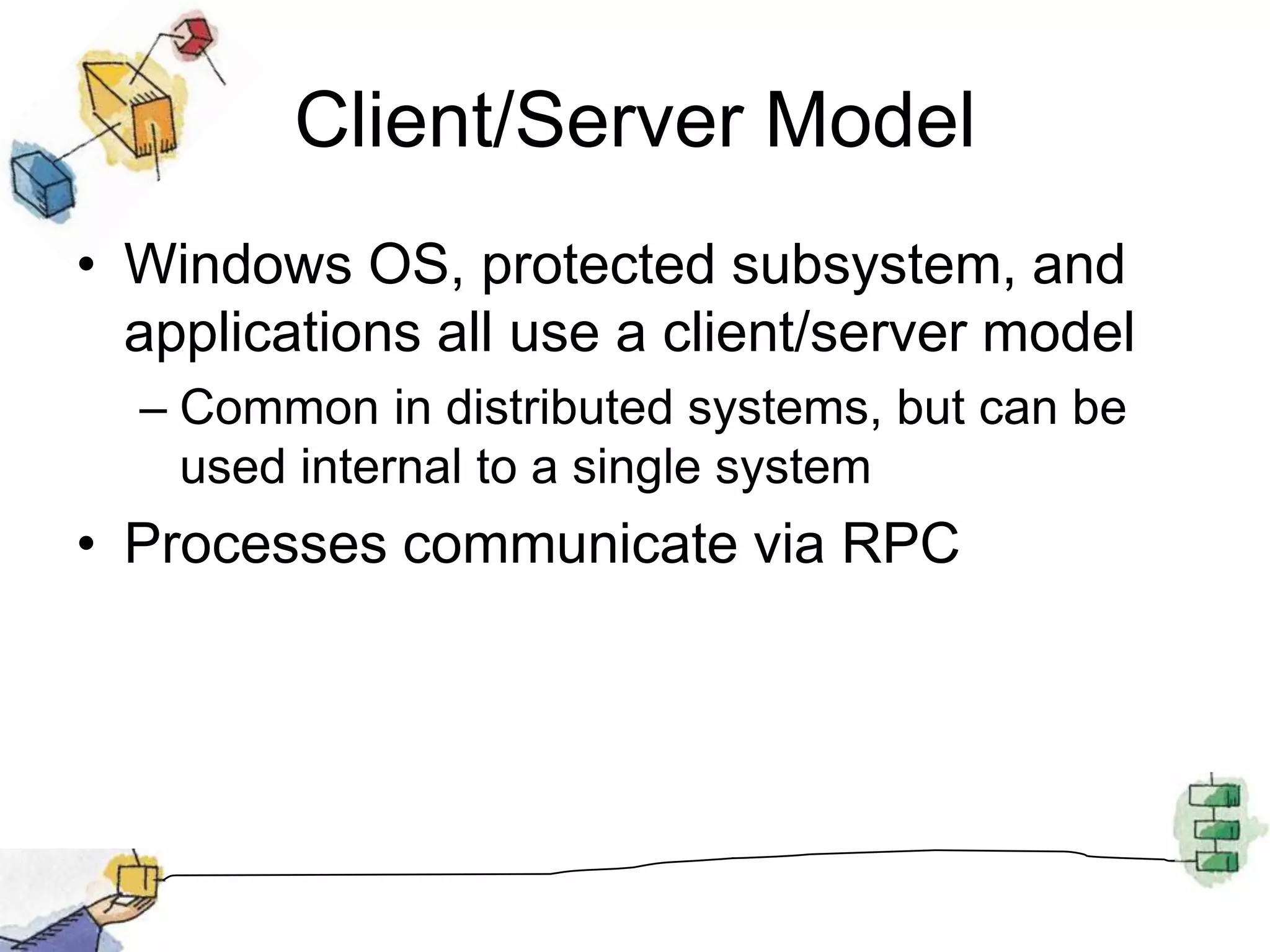 Client/Server ModelWindows OS, protected subsystem, and applications all use a client/server modelCommon in distributed systems, but can be used internal to a single systemProcesses communicate via RPC