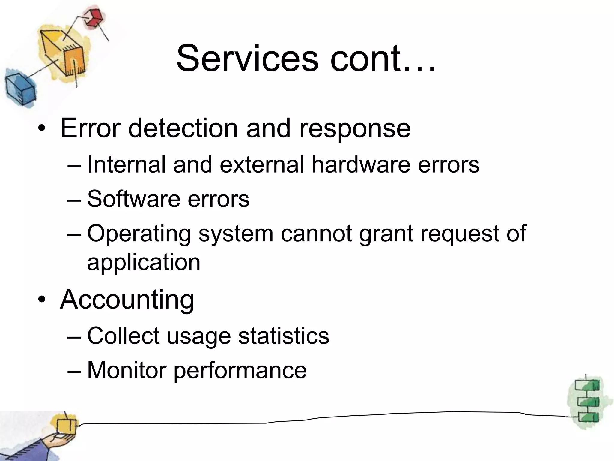 Services cont…Error detection and responseInternal and external hardware errorsSoftware errors Operating system cannot grant request of applicationAccountingCollect usage statistics Monitor performance