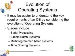 Evolution of Operating SystemsIt may be easier to understand the key requirements of an OS by considering the evolution of Operating SystemsStages includeSerial ProcessingSimple Batch SystemsMultiprogrammed batch systemsTime Sharing Systems