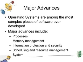 Major AdvancesOperating Systems are among the most complex pieces of software ever developedMajor advances include: Processes Memory management Information protection and security Scheduling and resource management System 