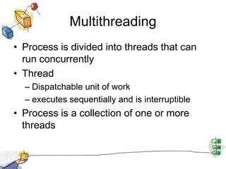 MultithreadingProcess is divided into threads that can run concurrentlyThreadDispatchable unit of workexecutes sequentially and is interruptibleProcess is a collection of one or more threads