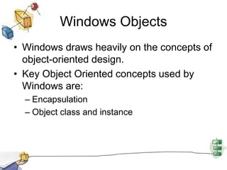 Windows ObjectsWindows draws heavily on the concepts of object-oriented design.Key Object Oriented concepts used by Windows are:EncapsulationObject class and instance