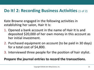 Do It! 2: Recording Business Activities (1 of 2)
Kate Browne engaged in the following activities in
establishing her salon, Hair It Is:
1. Opened a bank account in the name of Hair It Is and
deposited $20,000 of her own money in this account as
her initial investment.
2. Purchased equipment on account (to be paid in 30 days)
for a total cost of $4,800.
3. Interviewed three people for the position of hair stylist.
Prepare the journal entries to record the transactions.
21
Copyright ©2018 John Wiley & Sons, Inc.
 