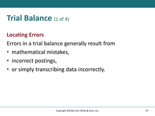 Trial Balance (1 of 4)
Locating Errors
Errors in a trial balance generally result from
• mathematical mistakes,
• incorrect postings,
• or simply transcribing data incorrectly.
47
Copyright ©2018 John Wiley & Sons, Inc.
 
