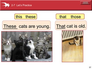 2-7 Let’s Practice



      this these         that   those

_____ cats are young.
These                   ___
                        That cat is old.




                                           57
 