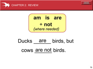CHAPTER 2: REVIEW




             am is are
               + not
             (where needed)

            are
    Ducks ______ birds, but
           are not
      cows ______ birds.


                              76
 