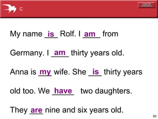 C




My name ___ Rolf. I ____ from
         is         am

            am
Germany. I ____ thirty years old.

        my             is
Anna is ___ wife. She ___ thirty years

            have
old too. We _____ two daughters.

They ___ nine and six years old.
     are
                                         80
 