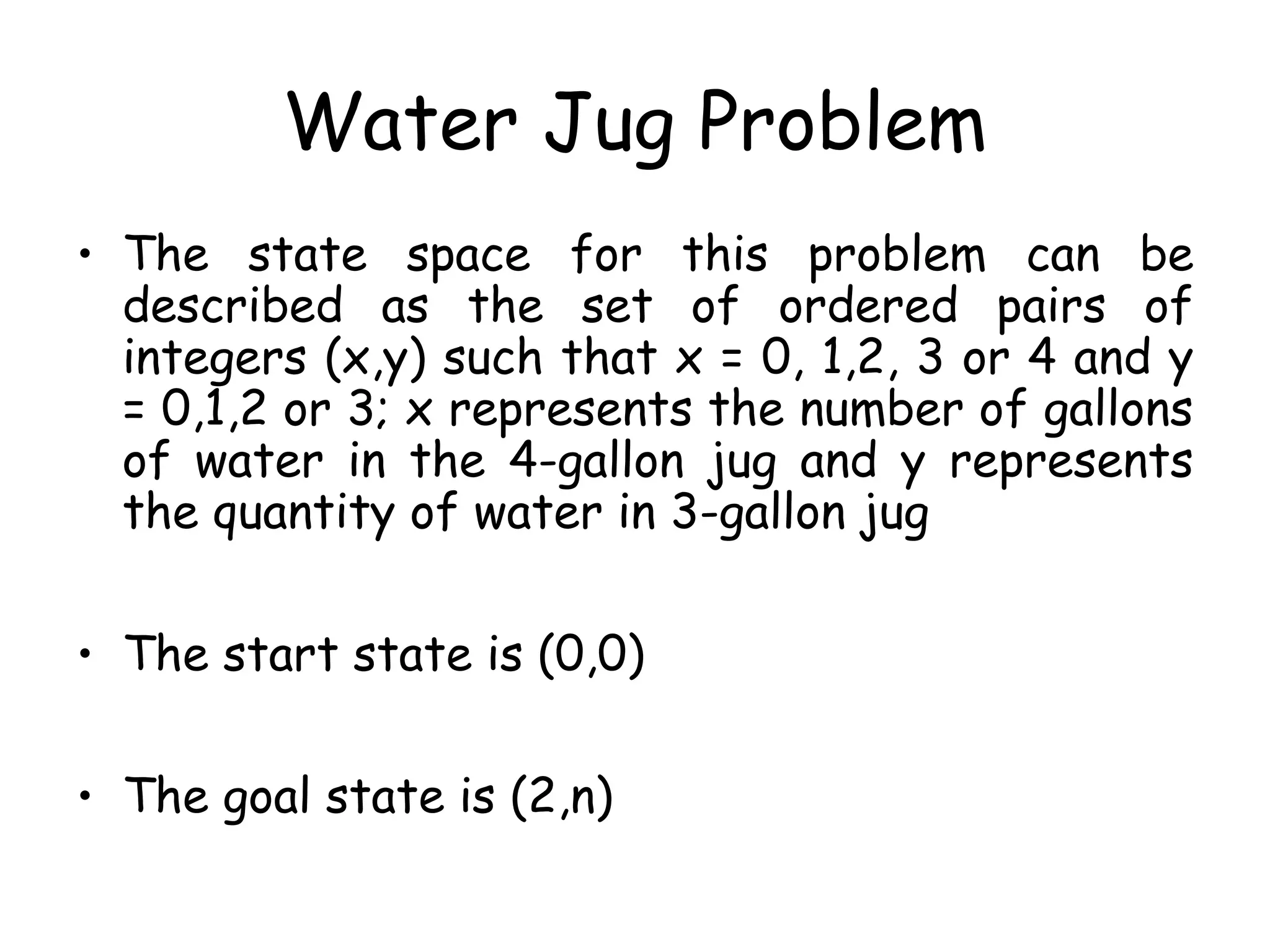 Water Jug Problem
• The state space for this problem can be
described as the set of ordered pairs of
integers (x,y) such that x = 0, 1,2, 3 or 4 and y
= 0,1,2 or 3; x represents the number of gallons
of water in the 4-gallon jug and y represents
the quantity of water in 3-gallon jug
• The start state is (0,0)
• The goal state is (2,n)
 